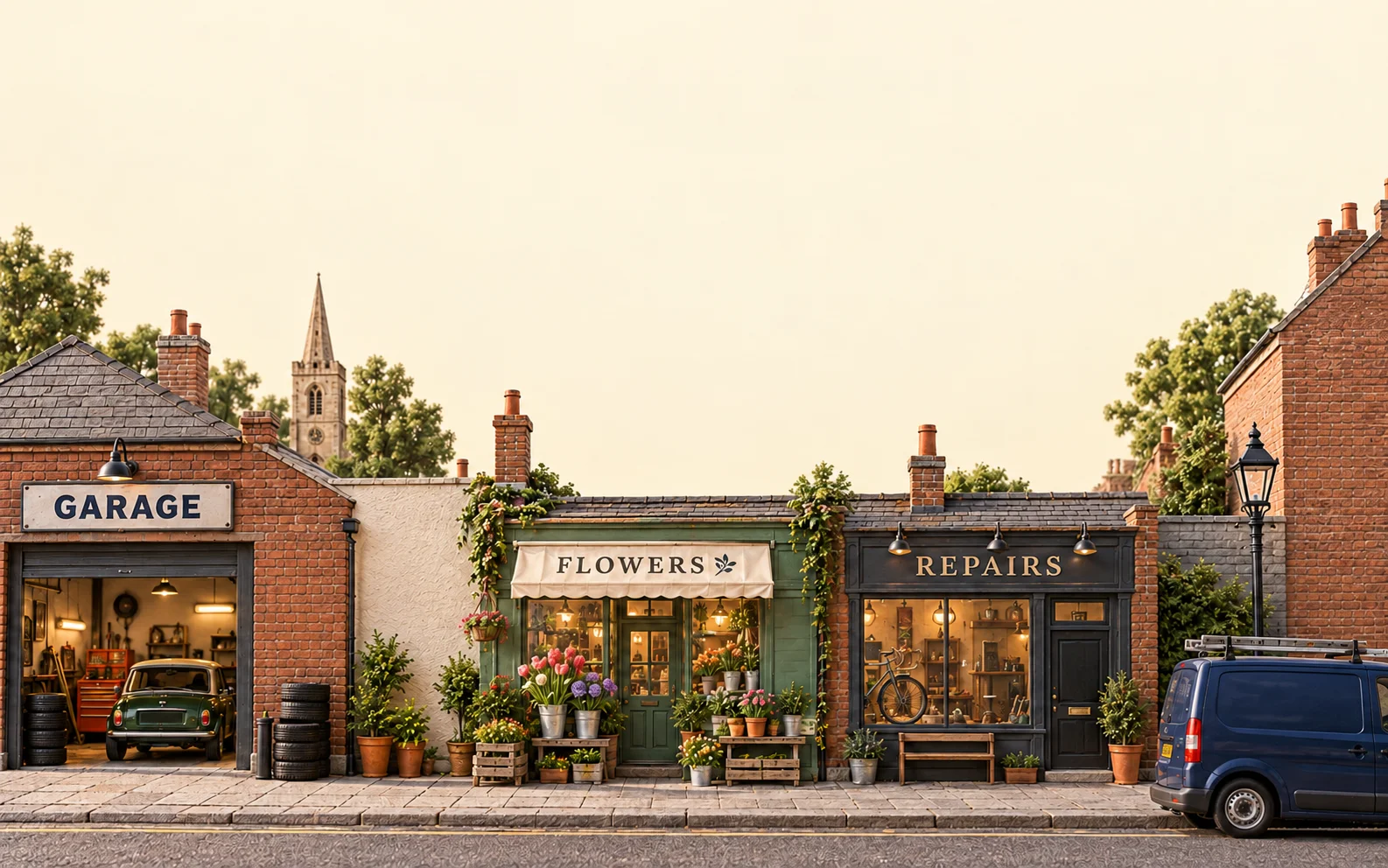 Illustrated British high street with a garage, florist, repairs shop and a plumber's van